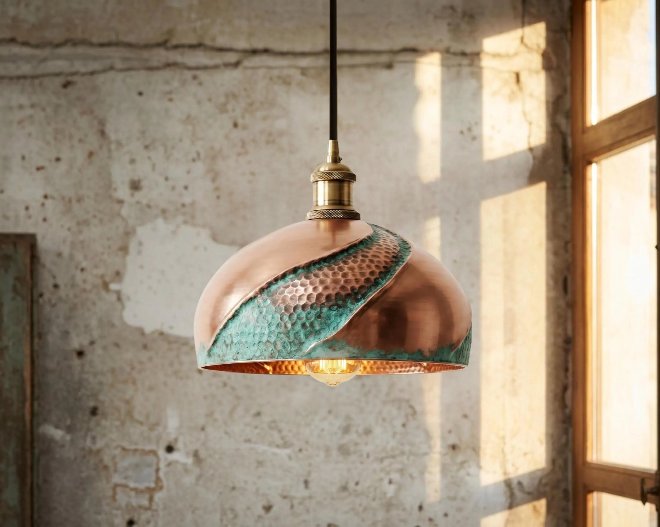 Hammered Copper Dome Pendant Light, Green Patina Artisan Hanging Lamp, Kitchen Island Lighting
