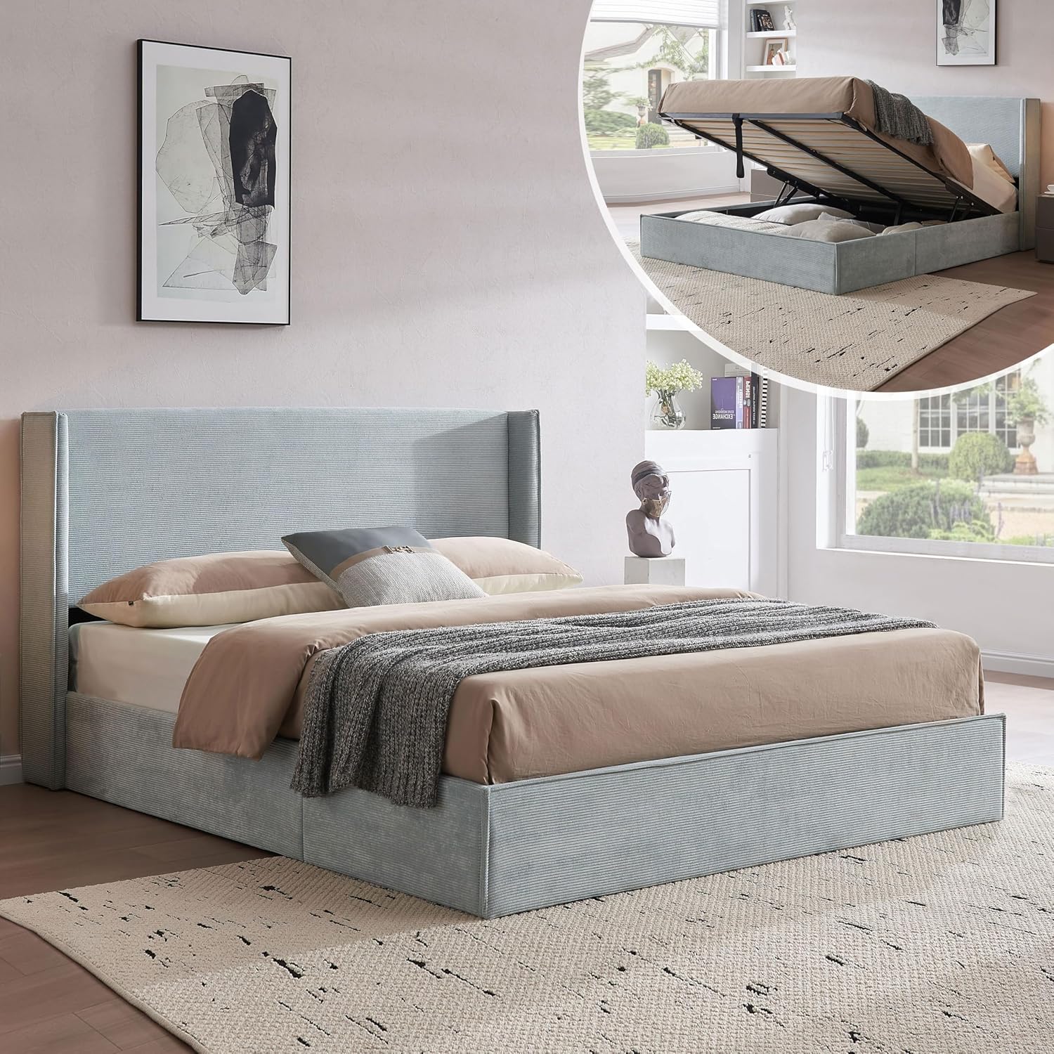 Queen Lift Up Storage Bed, Bed Frame with Storage, Corduroy Upholstered Platform Bed with Wingback Headboard, Hydraulic Support, Wooden Slats, No Box Spring Needed, Easy Assembly, Light Blue