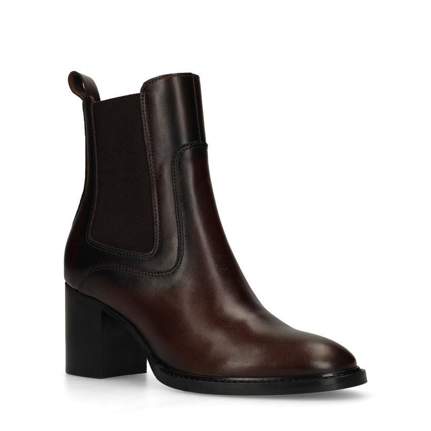 Manfield Donkerbruine leren enkellaarsjes met hak