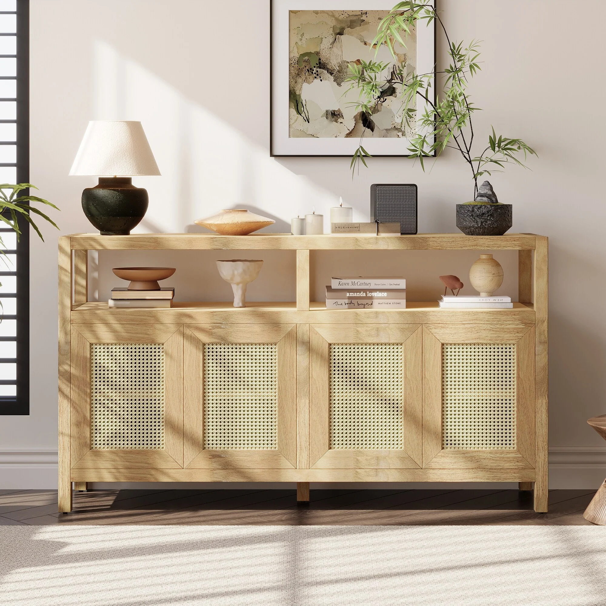 Rattan Buffet Storage Cabinet with Solid Wood Frame,Sideboard with 3-position Adjustable Shelves,No-Handle Push-to-Open Design