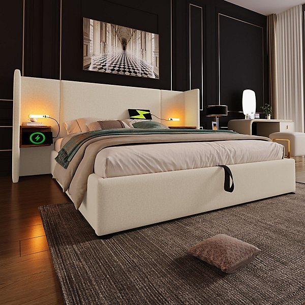Lit coffre 160x200 cm - Lit double capitonné avec table de chevet et lampe de lecture - Lin - Sans Matelas - Beige