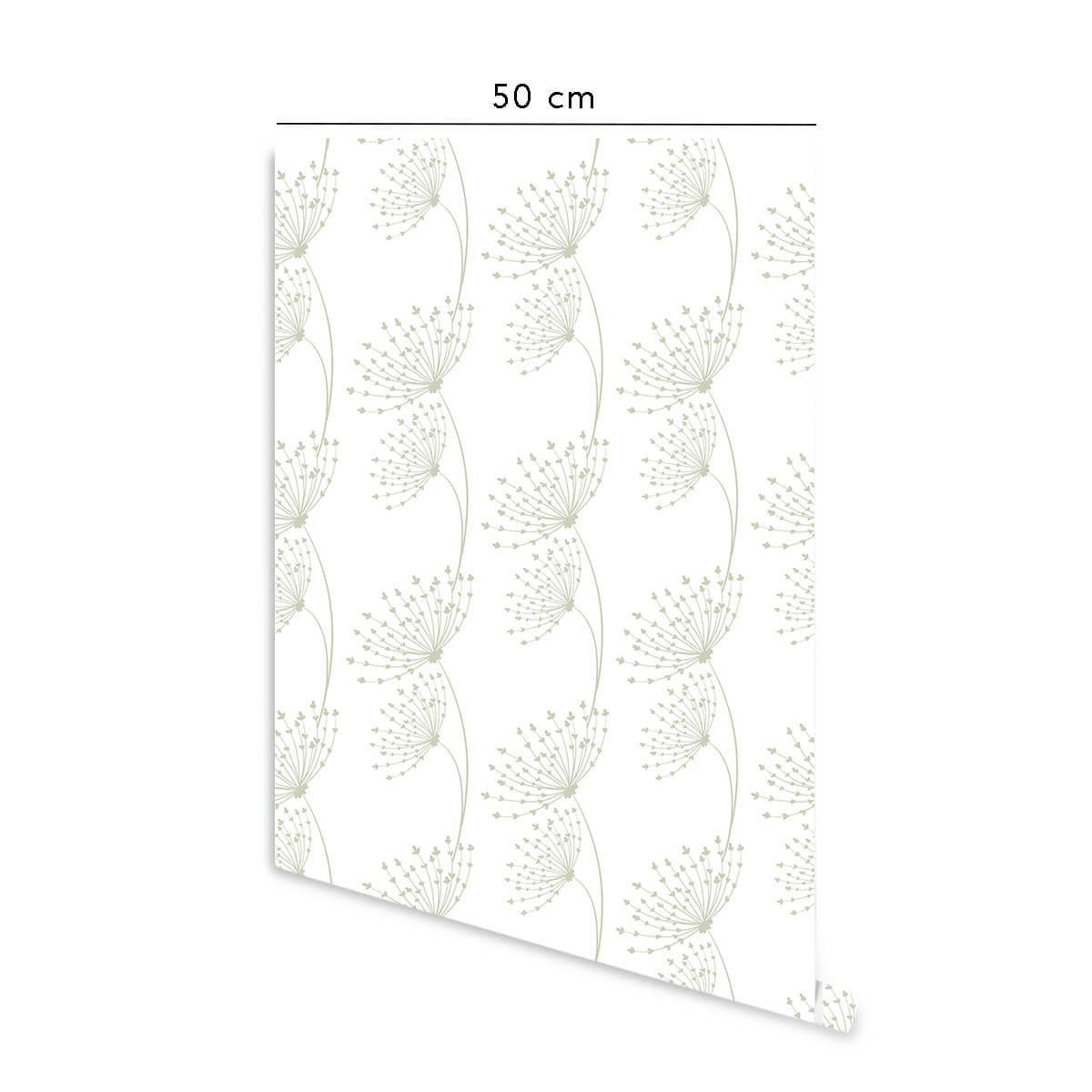 DANDELIONS - Papier peint vinyle adhésif dents-de-lion sauge 50x300 cm