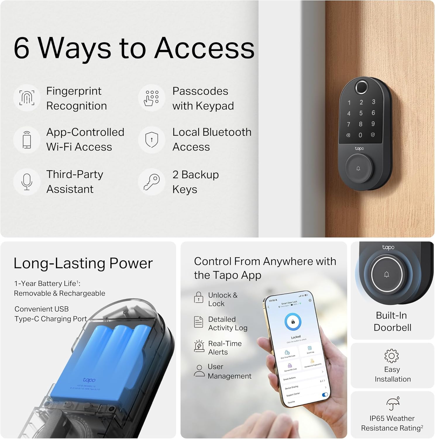 Tapo Smart Door Lock  Deadbolt | Keyless Entry  Fingerprint Recognition  Touchscreen Keypad & in-App Monitoring with Scheduled Access|1-Year Rechargeable Battery |BHMA Grade 2 | DL110