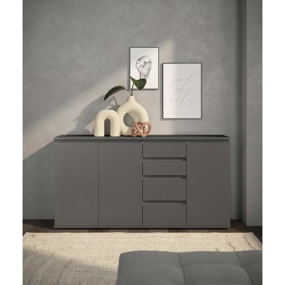 Dressoir Brest - 160x35x84cm - 3 deuren; 4 lades - antraciet