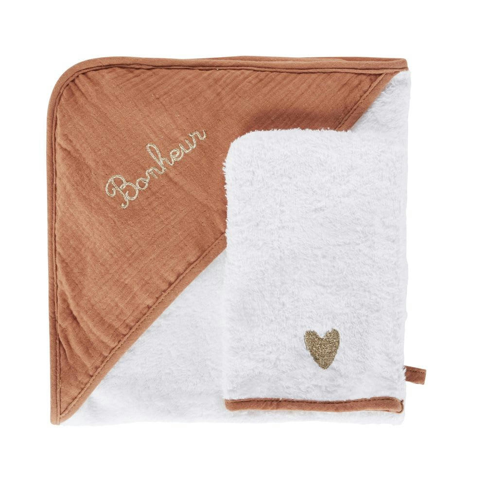 - Sortie de bain bébé en gaze de coton et broderie blanche, terracotta et doré, 80x80