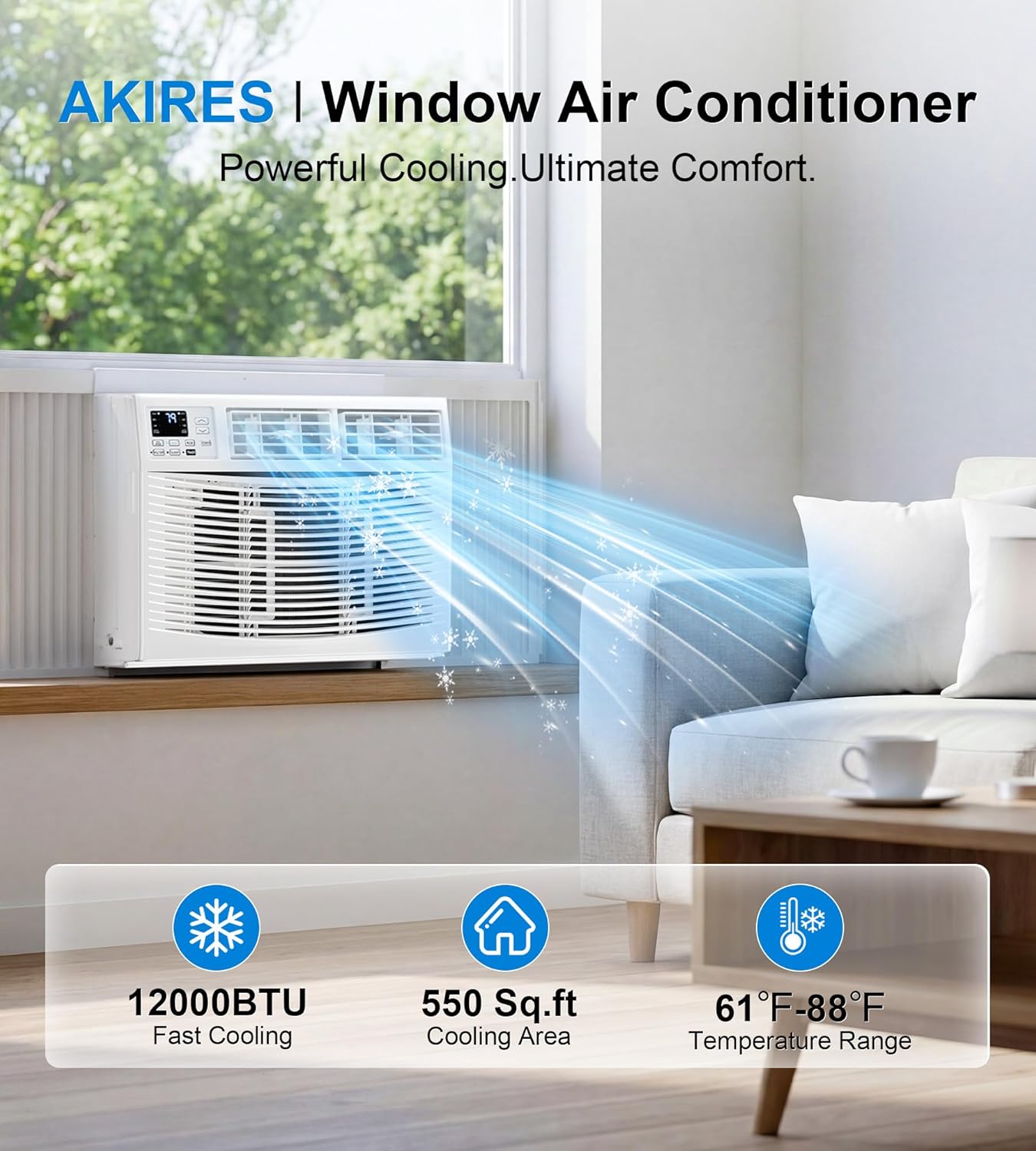 AKIRES Window Air Conditioner, 12,000BTU Air Conditioner Window Unit, Cools up to 550 Sq. Ft, Window AC with Cool, Fan, Dry, Sleep, Energy Saver, and Auto,6 Modes,24H Timer,Easy Install,Home,Office