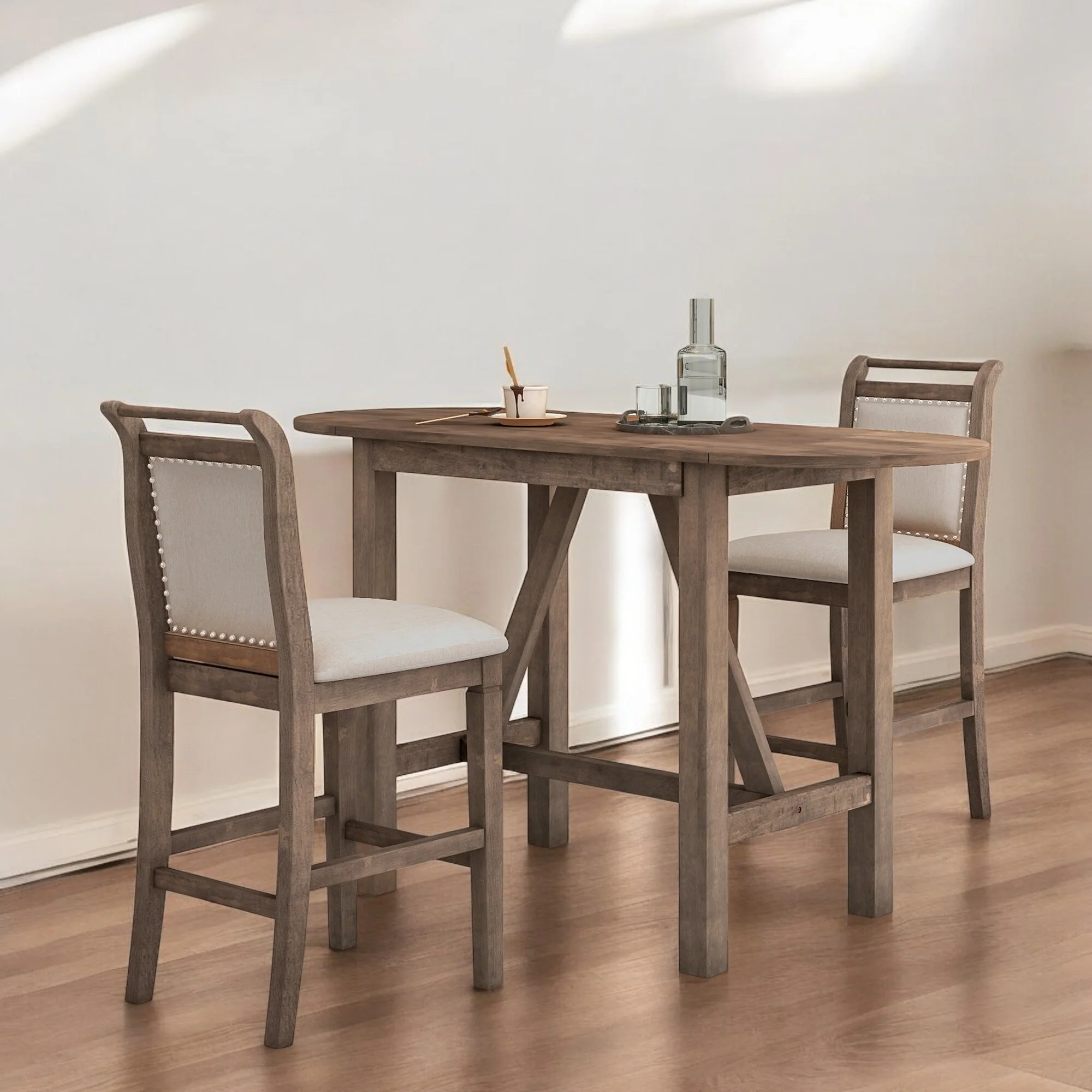 3-Piece Wood Counter Height Drop Leaf Dining Table Set with 2 Upholstered Chairs for Small Spaces and Dining Room