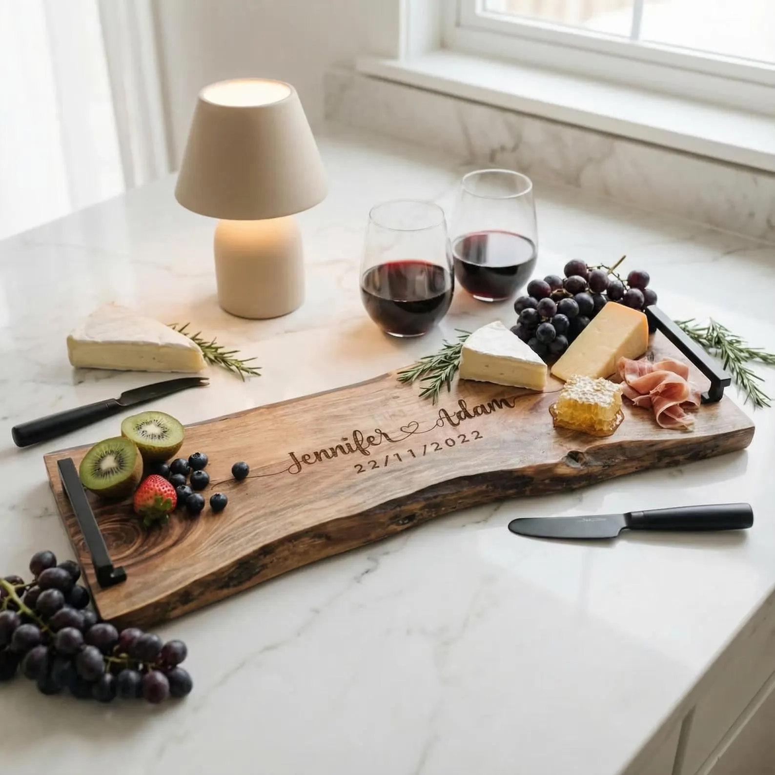 Personalized Live Edge Serving Tray with Handles - Custom-Engraved Wedding Anniversary Platter - Gift for the couple