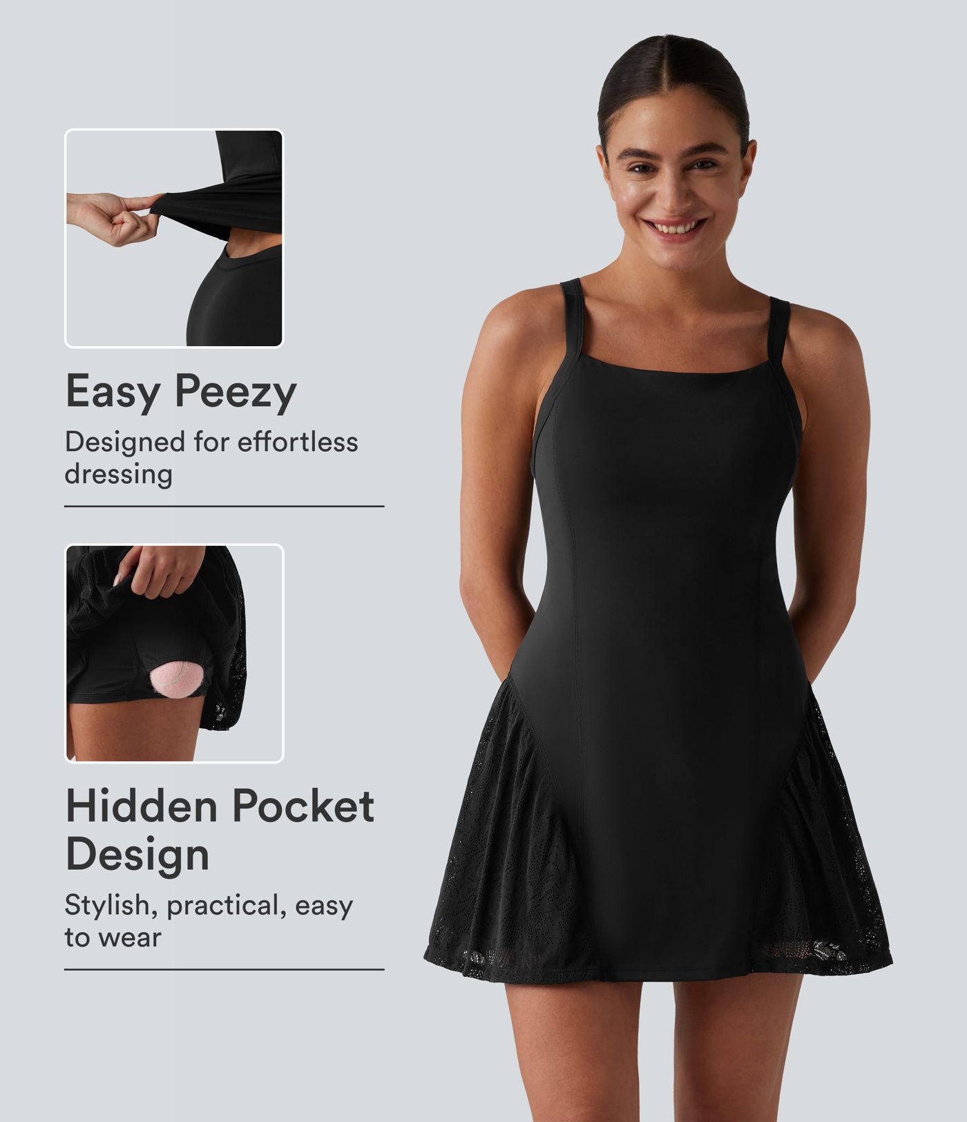 Robe de tennis Easy Peasy SoftlyZero™ dos croisé avec dentelle contrastée, brassière intégrée, à effet frais InstantCool et poches, protection solaire UPF50