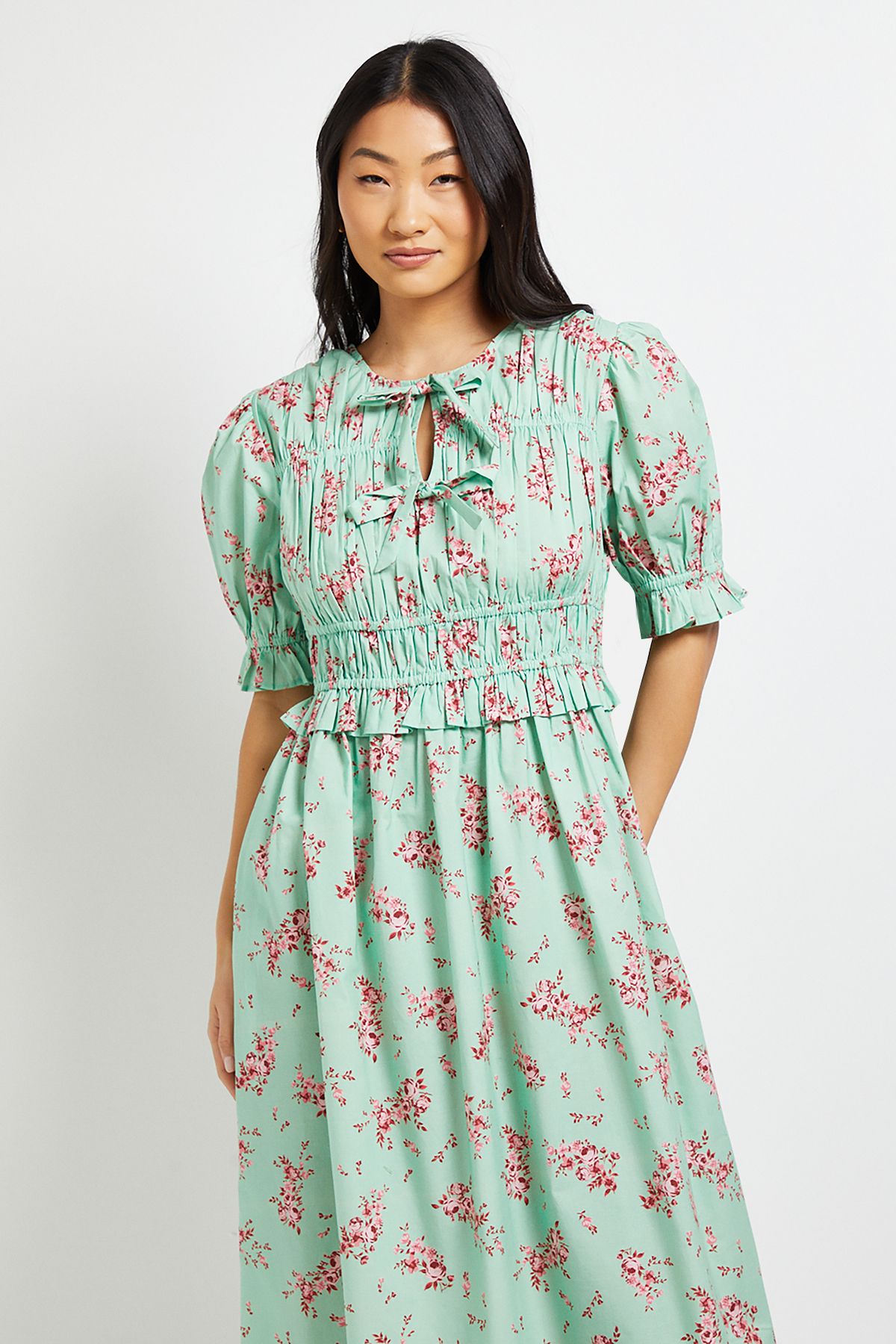 Dorothy Perkins Petite Tie Front Frill Sleeve Printed Poplin Midi Dress