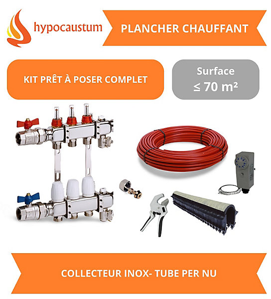 Kit plancher chauffant hydraulique 70 m² - Tube PER - Collecteur Inox