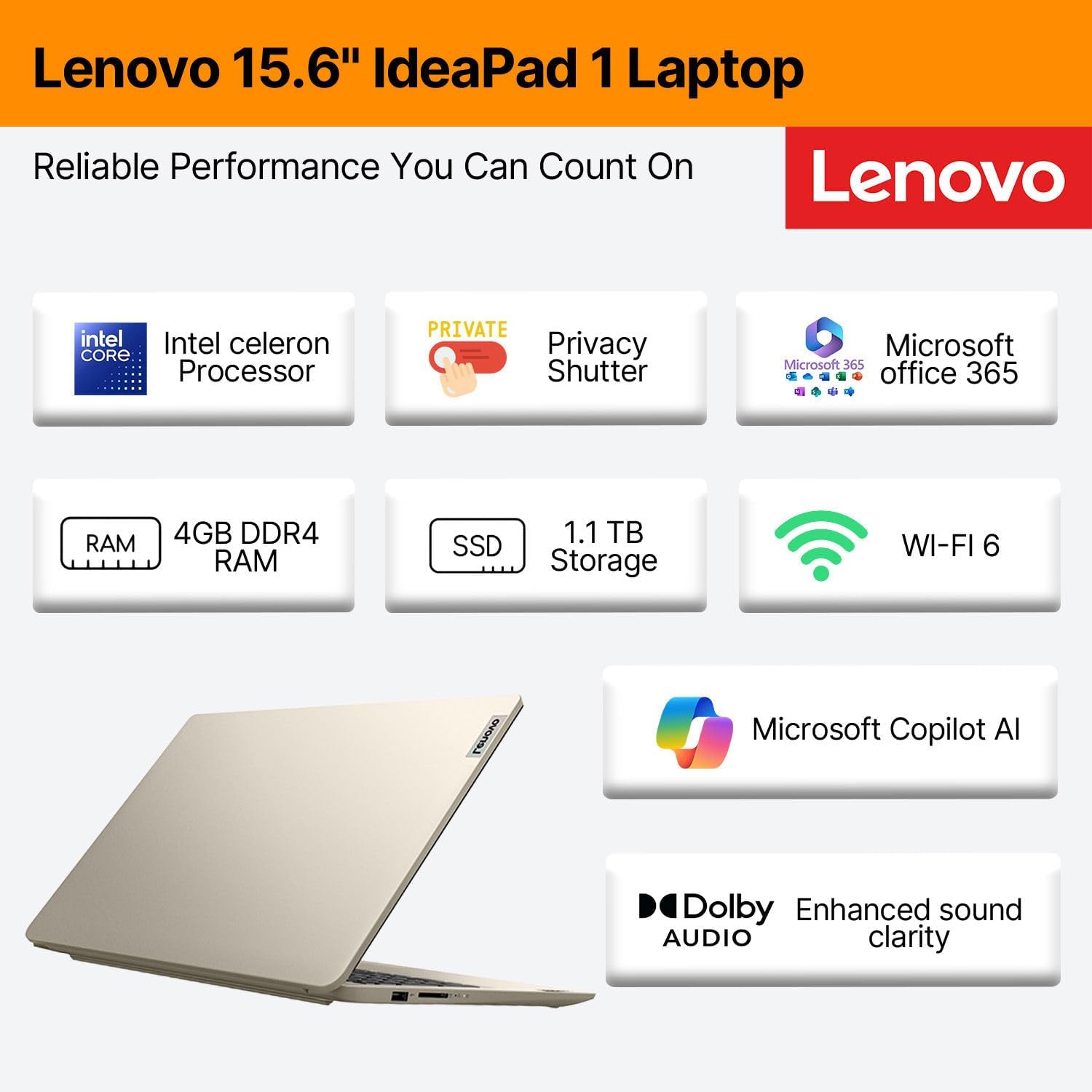 Lenovo IdeaPad 15.6 Business Laptop • Microsoft Office 365 • 1.1TB Storage • DDR4 • Intel Dual core • 1TB Cloud and 128GB SSD • WiFi 6 • Copilot AI • HDMI • Windows 11 no Mouse • Essential Laptop