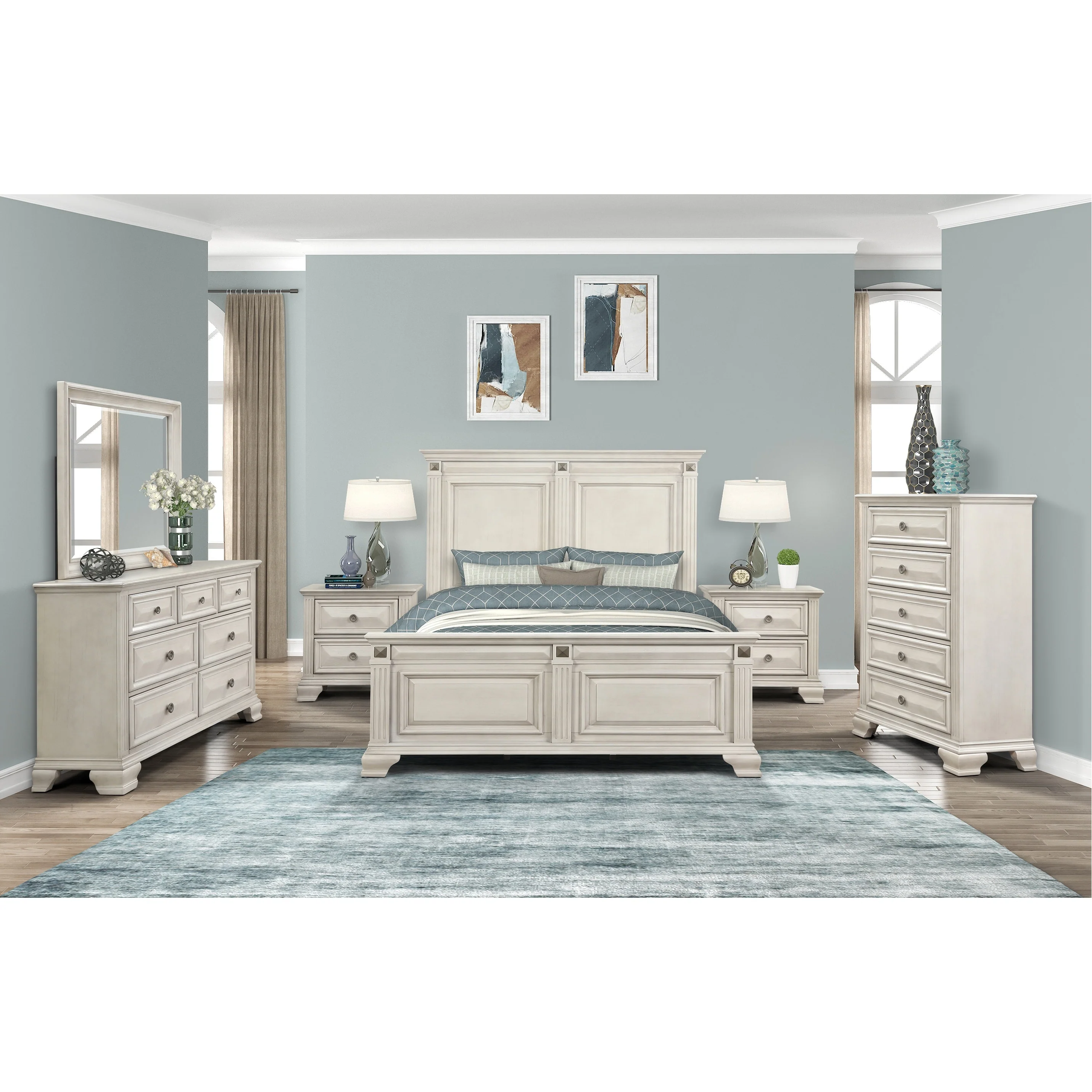 Roundhill Furniture Renova Distressed Parchment Wood Bedroom Set