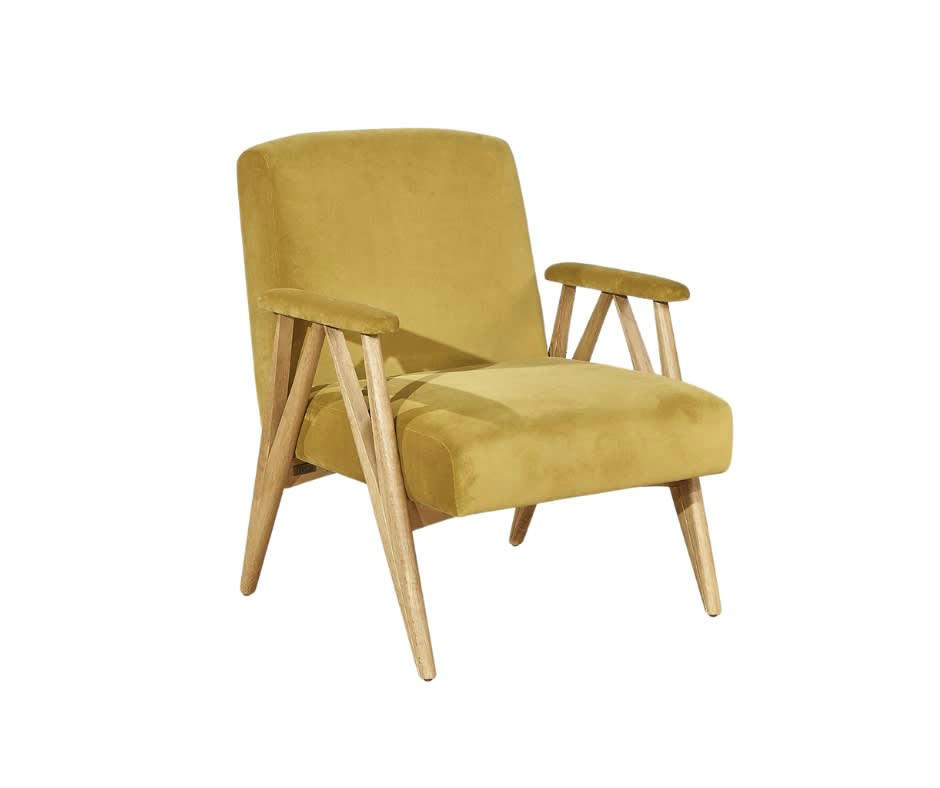 BO PARIS - W - Fauteuil vintage en bois et velours jaune moutarde