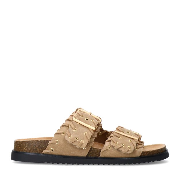 Beige suède slippers met goudkleurige buckles