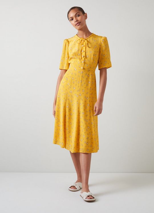 Montana Yellow Naive Floral Print Silk Tea Dress