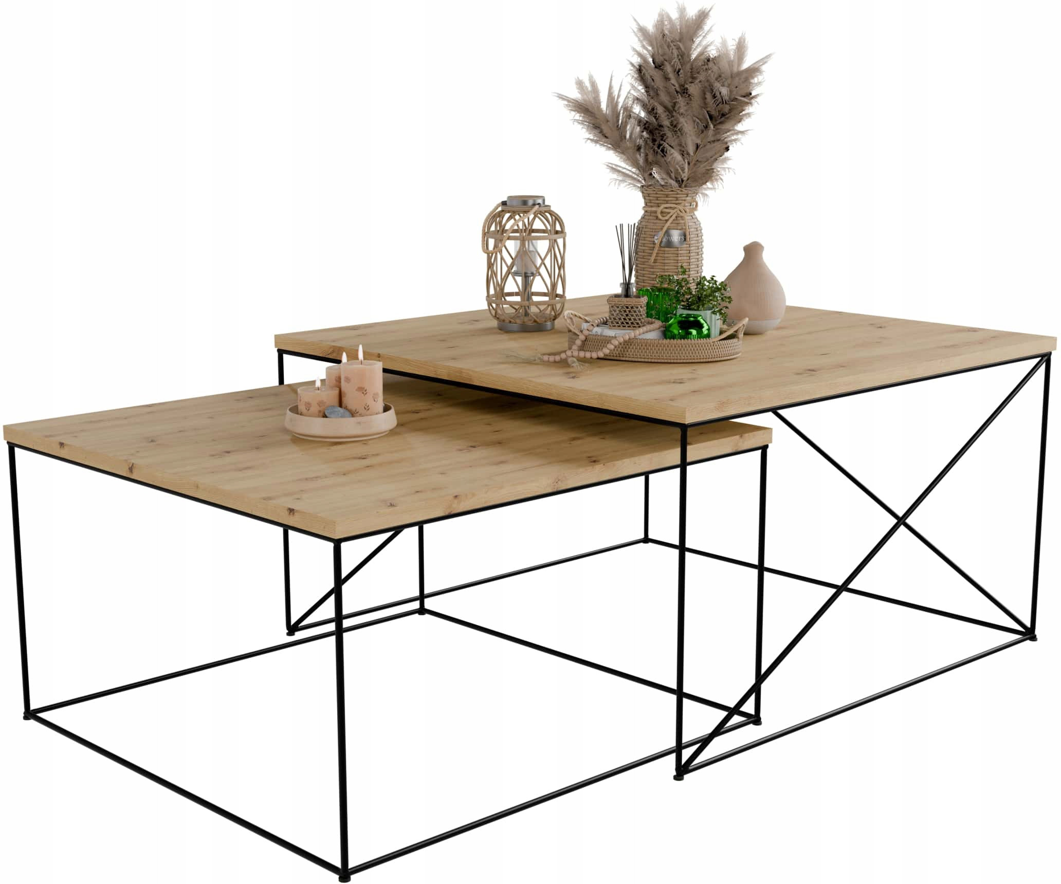 Nowoczesny Zestaw Stolików Kawowych 2w1 Salon Loft Czarny Dąb Artisan