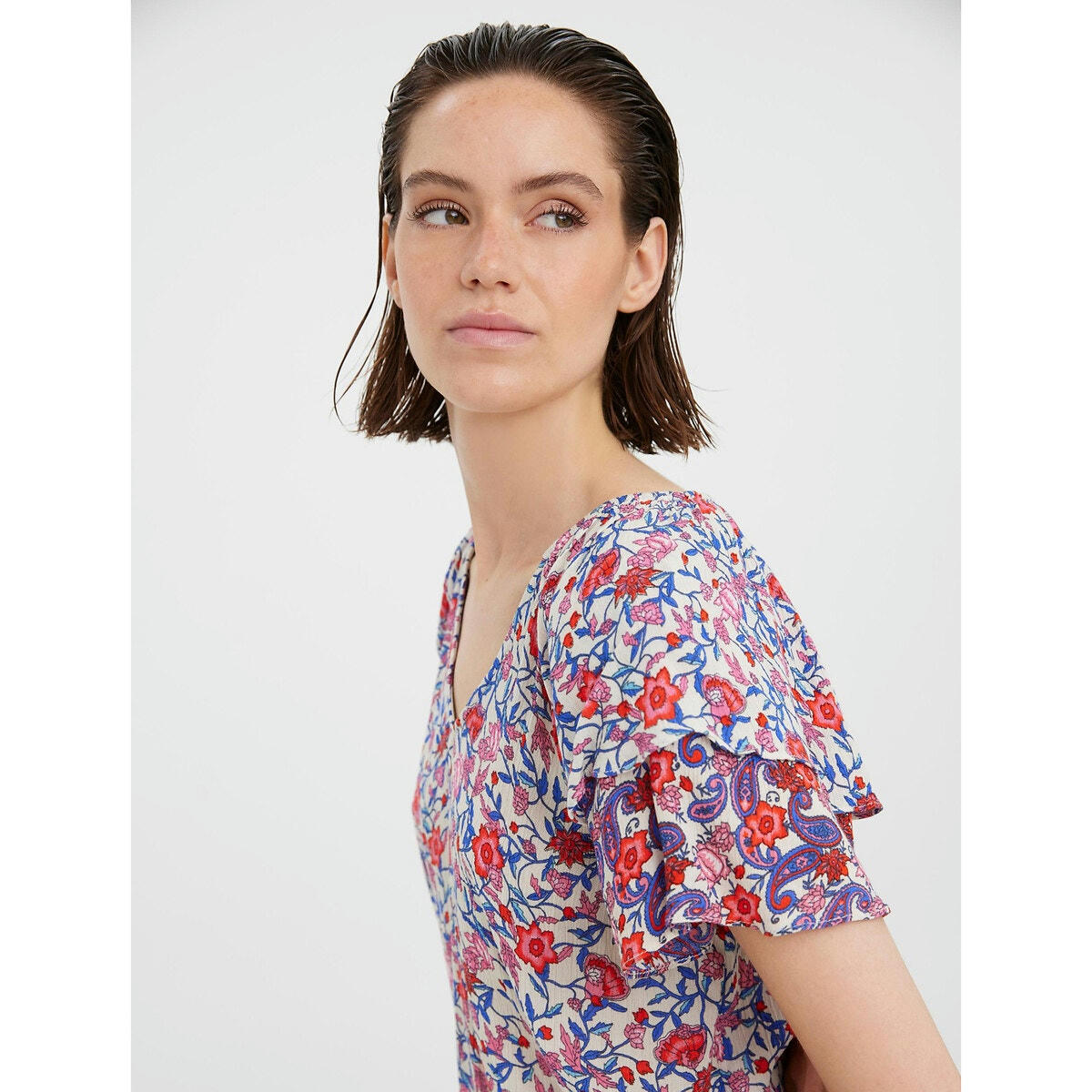 Blouse col V imprimé floral, manches courtes