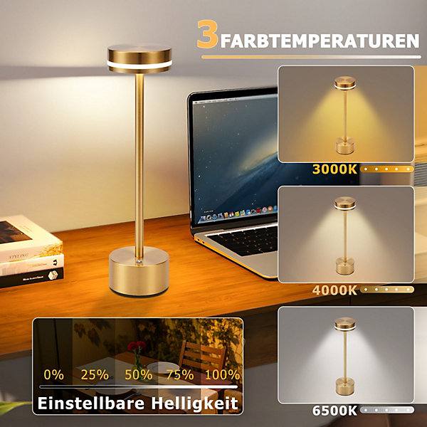 Lampe de table led sans fil meoaow, rechargeable par usb-c, à intensité variable, tactile, dorée, la salle à manger