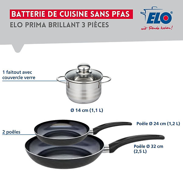 Ensemble de 2 Poêles de cuisson 24 et 32 cm et 1 faitout 14 cm Elo Prima Brillant