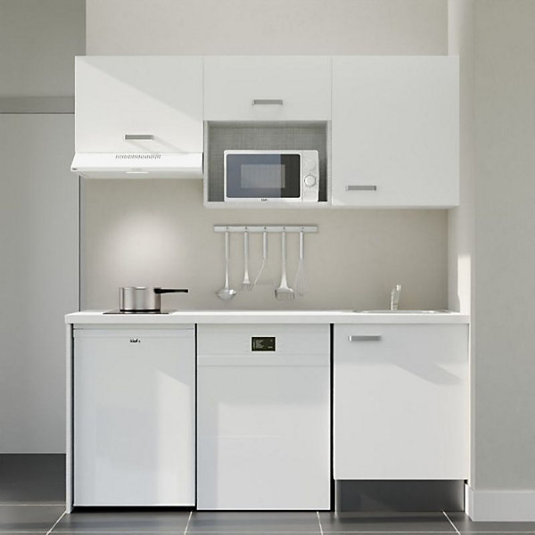 Kitchenette K55 - 180 cm - Façades : Blanc - Plan de travail : Blanc - Crédences : Non - Evier