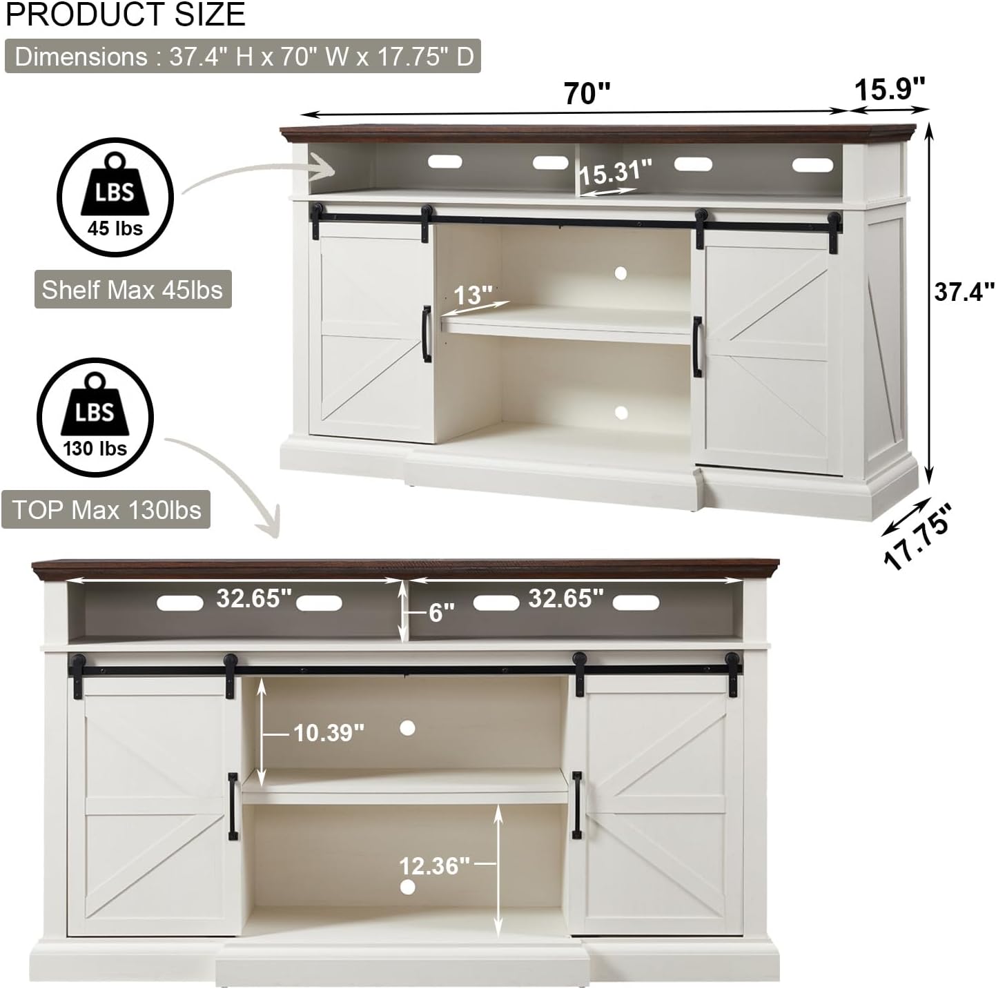 Farmhouse TV Stand for 80 Inch TVs, 37.4Tall Entertainment Center w/Storage Cabinets and Sliding Barn Door, Media Console Cabinet w/Soundbar & Adjustable Shelves for Living Room, 70 inch (White)