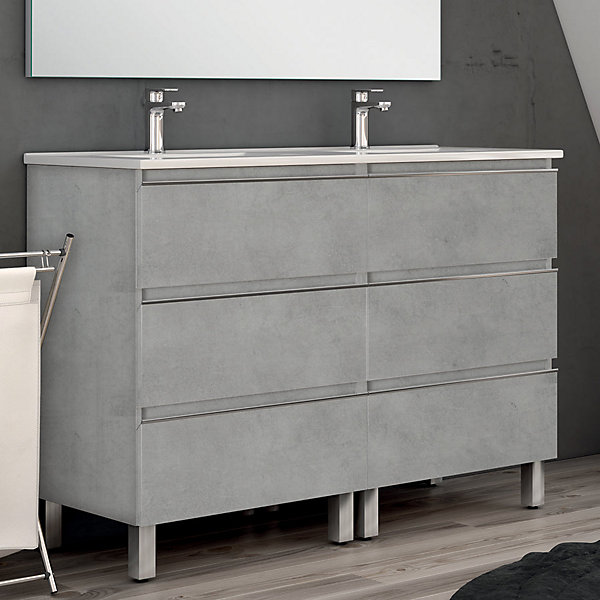 Ensemble meuble de salle de bain 140cm double vasque   colonne de rangement PALMA - ciment (gris)