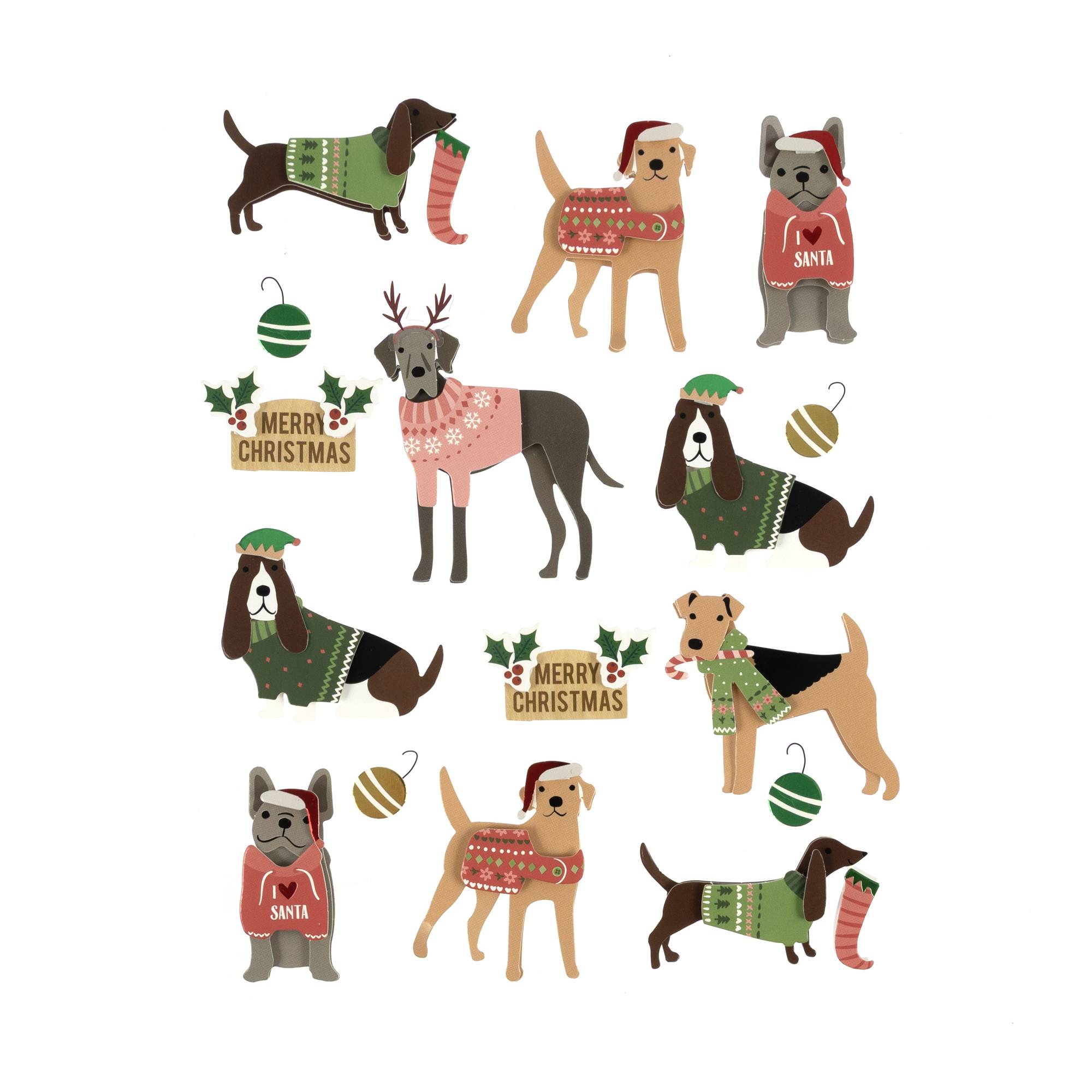 Festive Dog 3D Stickers 16 Pack