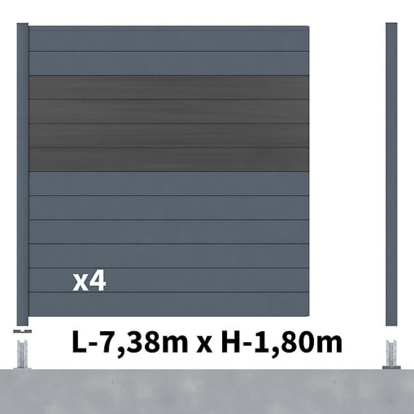 Kit Clôture Aluminium BAHIA &CRUZ Ardoise 7,38x1,8m - Aluminium et bois composite - Poteaux sur Platines gris - Occultation