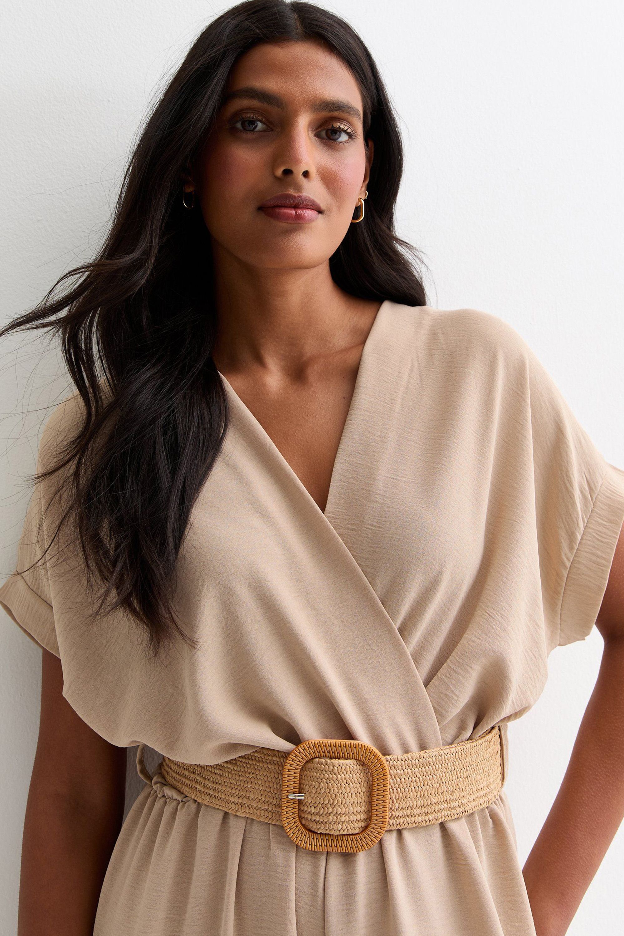 Gini London Beige Short Sleeves Elasticated Waist Belted Jumpsuit