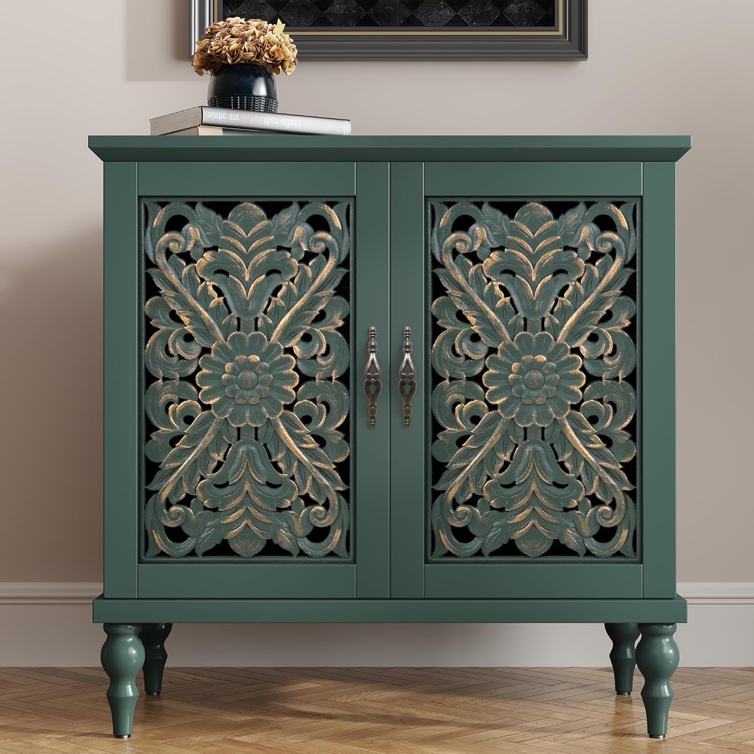 ARTPOWER Accent Cabinet with 2 Doors, Vintage Carved Wood Storage Cabinet, Sideboard Buffet Cabinet with Storage Credenza for Living Room, Kitchen, Dining Room, Entryway, Hallway, Green