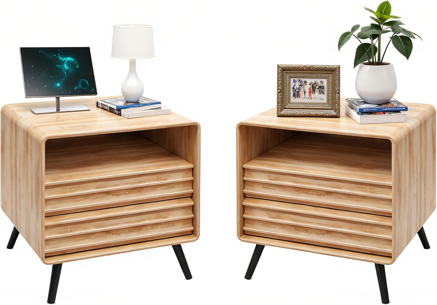 RedLemon 24 Nightstand Set of 2 with Charger Station, Mid Century Modern Fluted End Table with 2 Drawers, Wooden Side Table with Open Cubby Storage for Living Room, Bedroom, Office(Natural Oak)