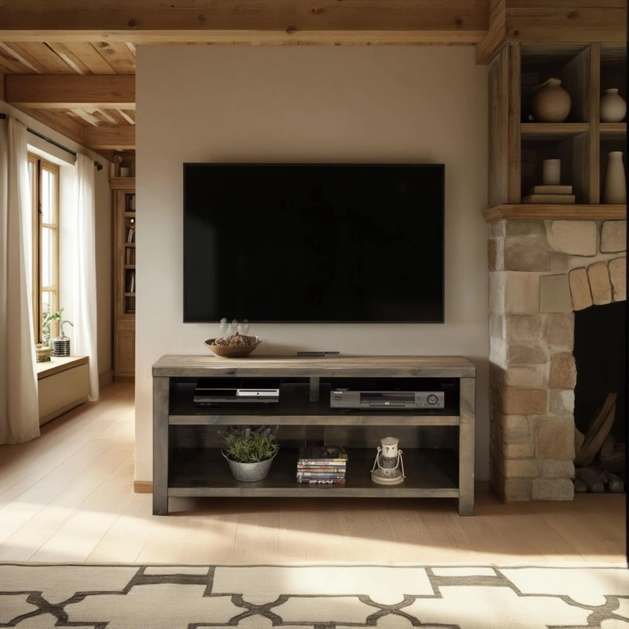 Bridgevine Home Joshua Creek 48 inch TV Stand for TVs up to 55 inches, No Assembly Required, Barnwood Finish