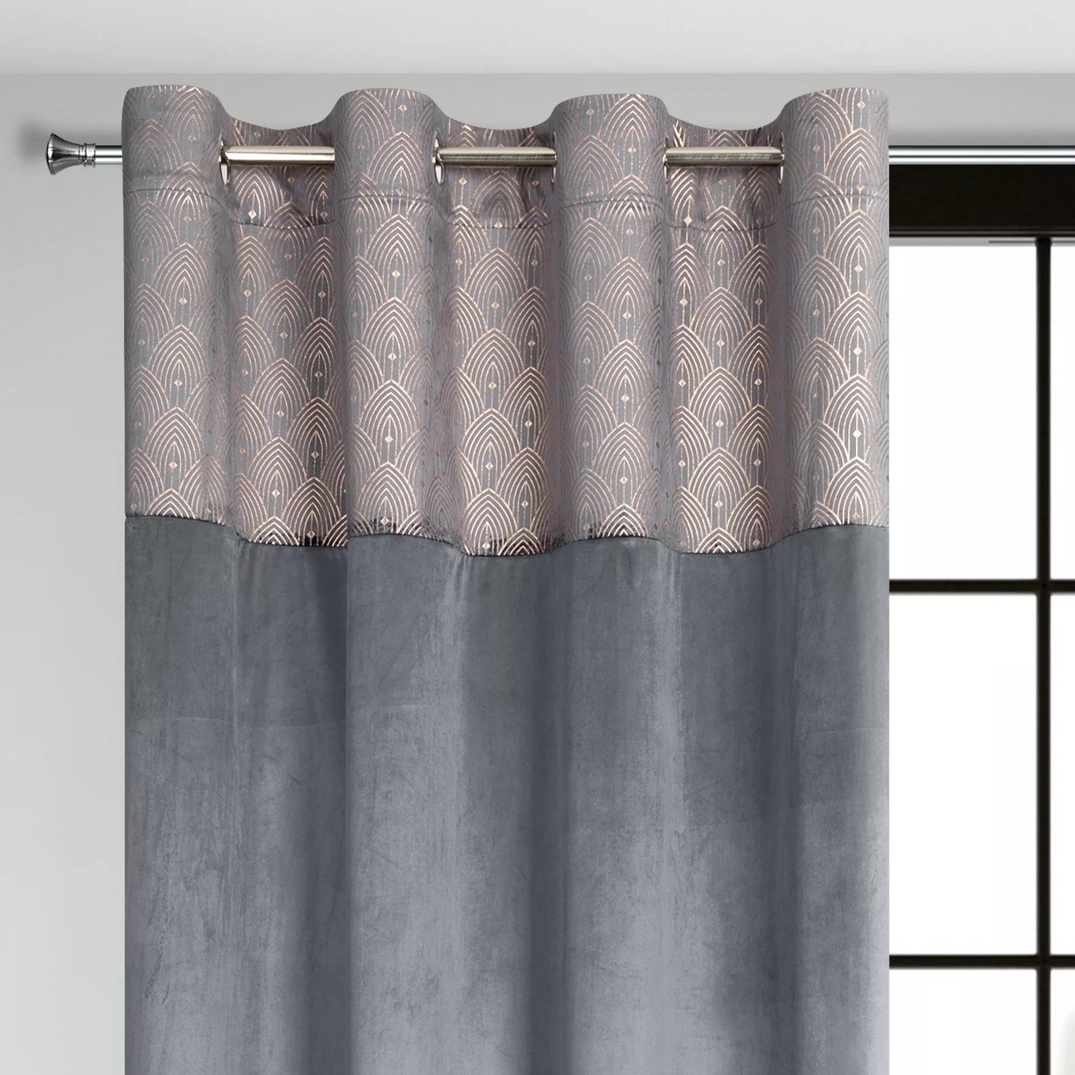 Zasłona grafitowa z aplikacją z błyszczącego welwetu 140x250 cm przelotka - AGNES - Design 91