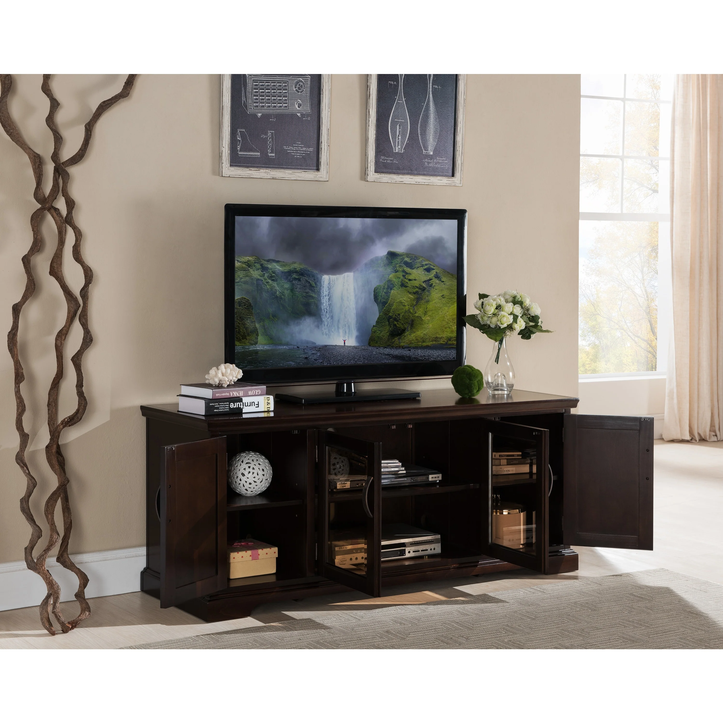 60-in. Chocolate Cherry and Bronze Glass TV Stand