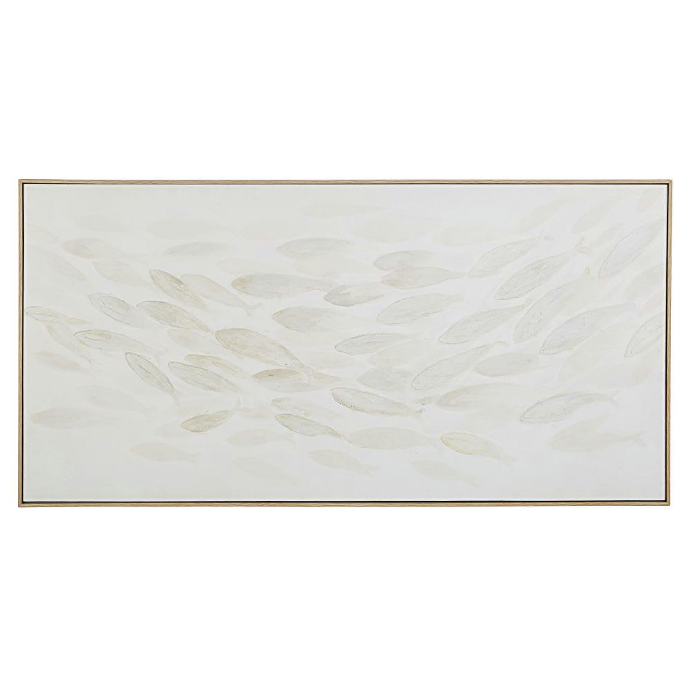 PELIA - Toile peinte banc de poissons blanc et beige 142x72