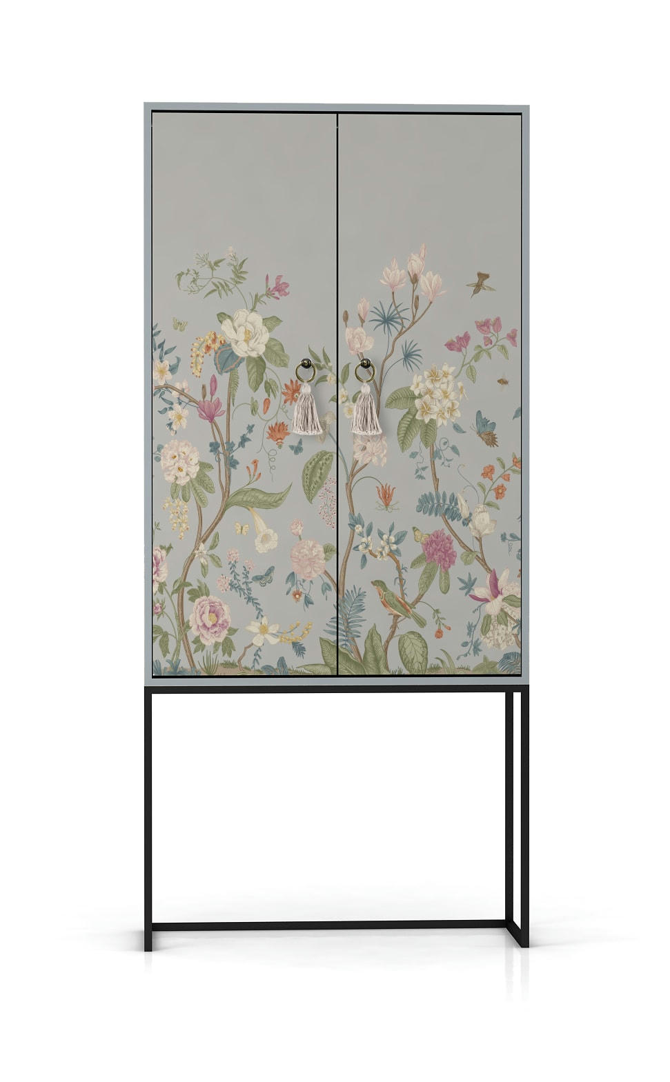 TELMA - Buffet armoire 2 portes en pin massif imprimé floral gris