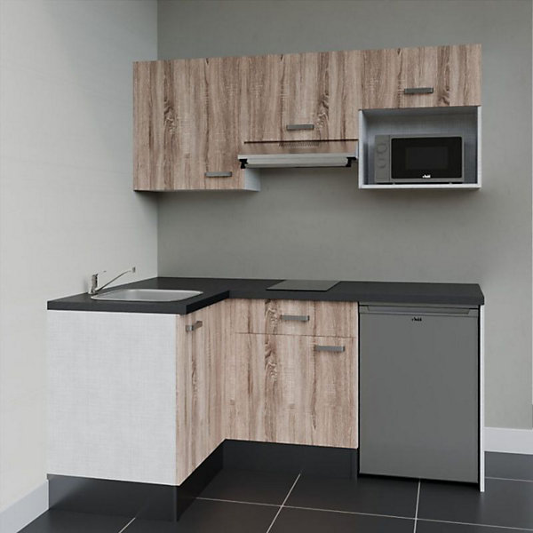 Kitchenette KA03 façades Bois - Plan de travail Noir texturé - Crédences : Non - Evier inox - Electroménager Inox inclus