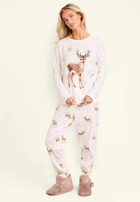 Womens Cream Christmas Reindeer Family Pyjama Set