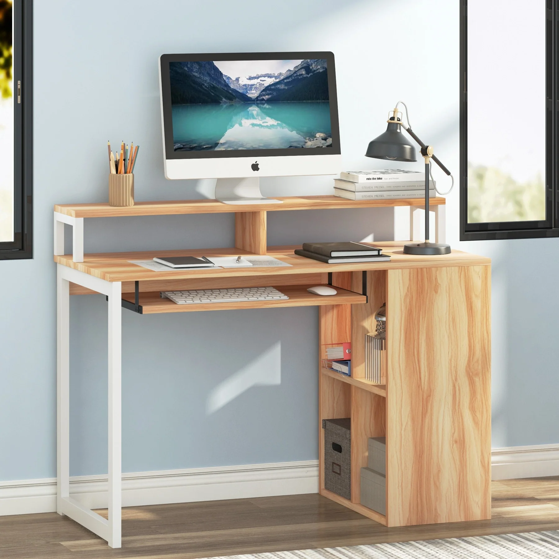 Computer Desk with Monitor Stand, Keyboard Tray and Shelves, Study Writing Desk