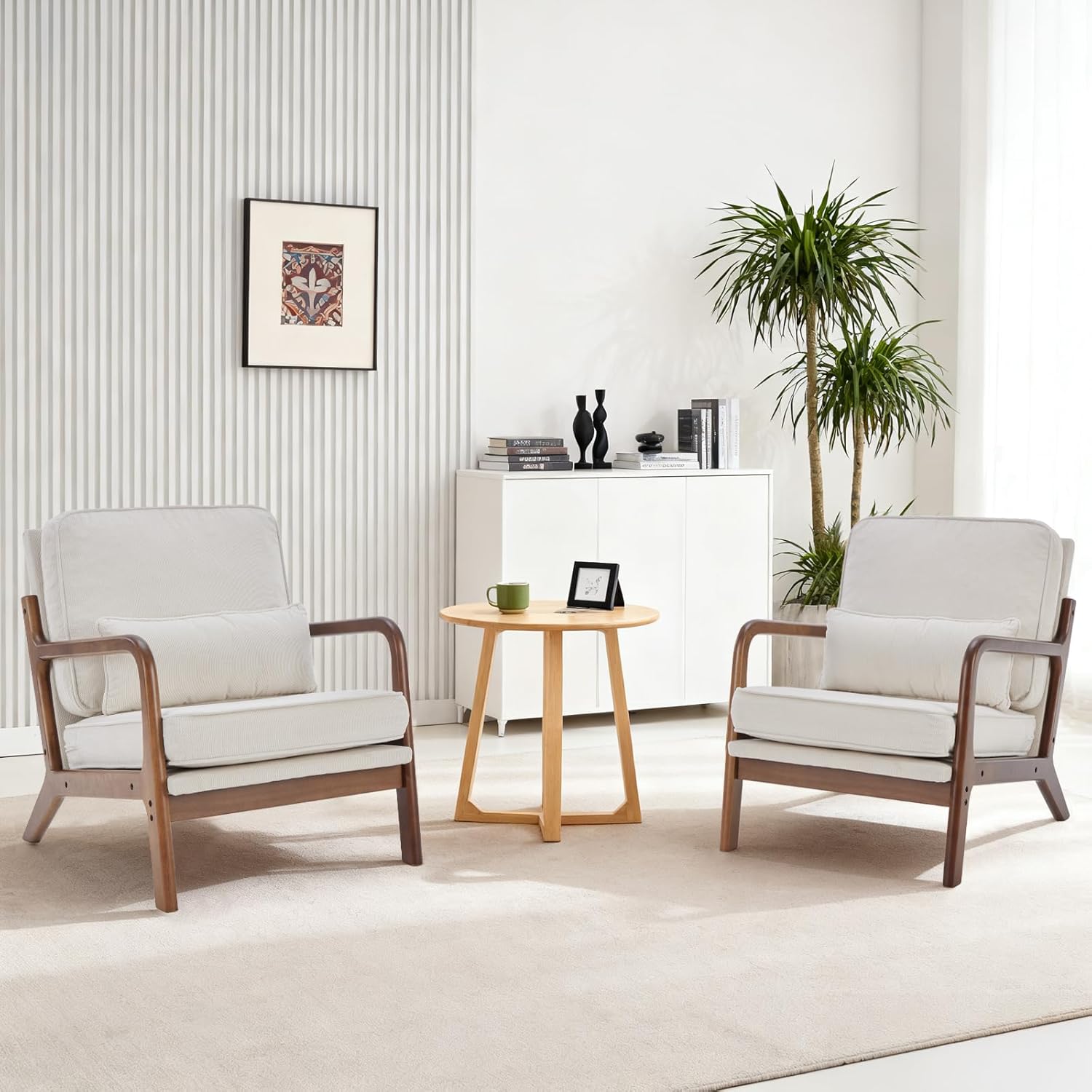 DUMOS Mid Century Modern Chair Set of 2, Accent Chair with Arms and Waist Cushion, Reading Chairs for Adults, Lounge Chair for Living Room and Bedroom, Solid Wooden Frame, Beige