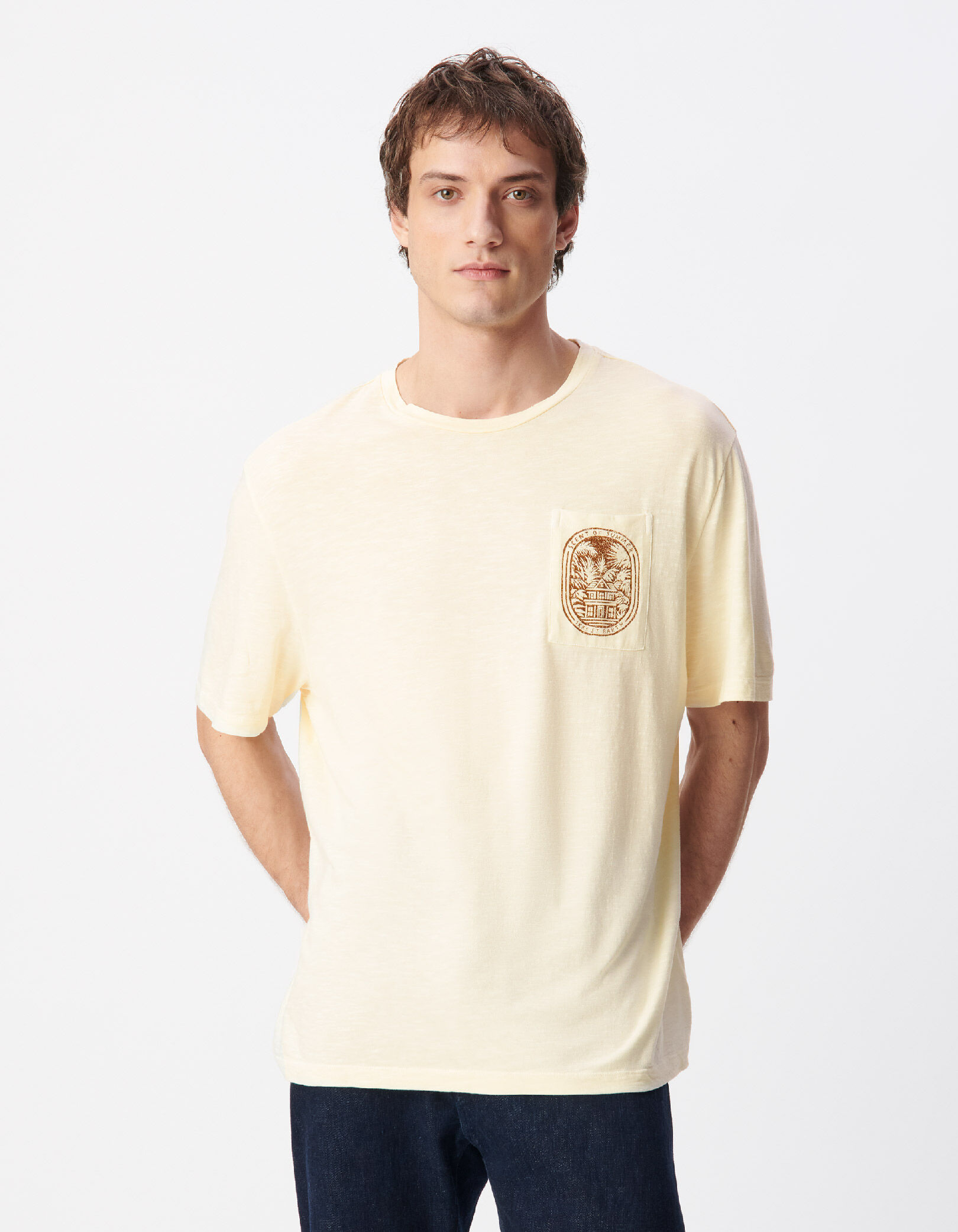 T-shirt col rond beige coton bio poche visuel Homme