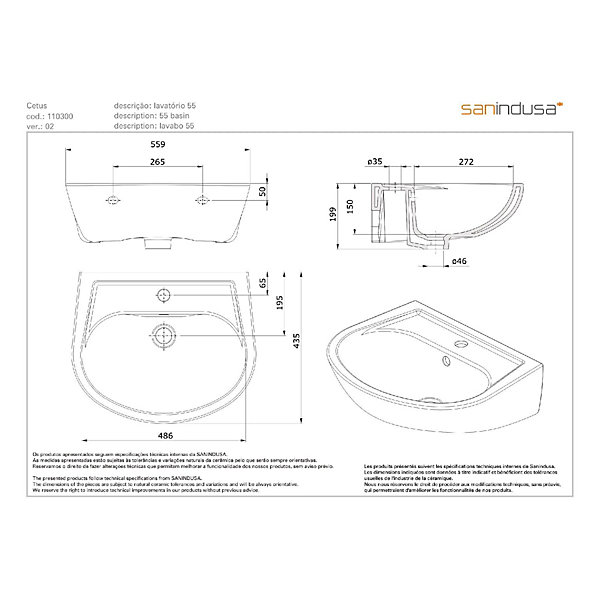 Lavabo 55cmAveiro céramique traditionnelle SANINDUSA Cetus blanc