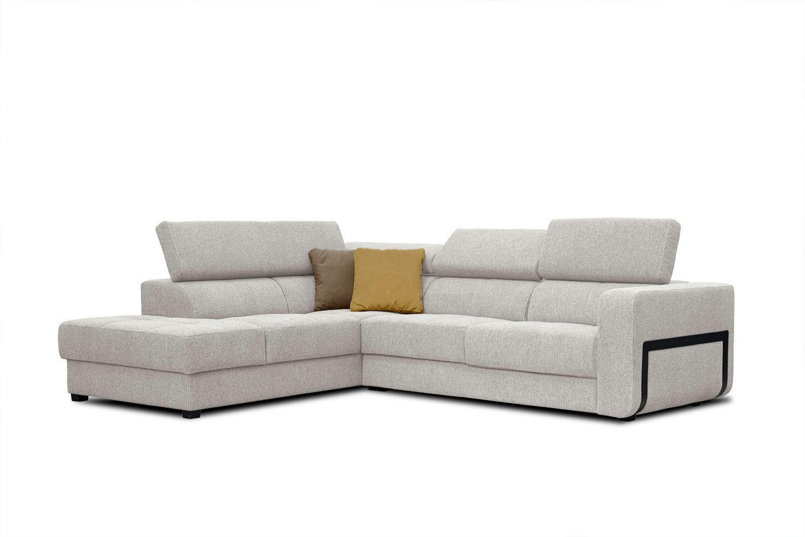 BERGO - Canapé d'angle gauche 5 places en tissu beige clair avec coussins déco