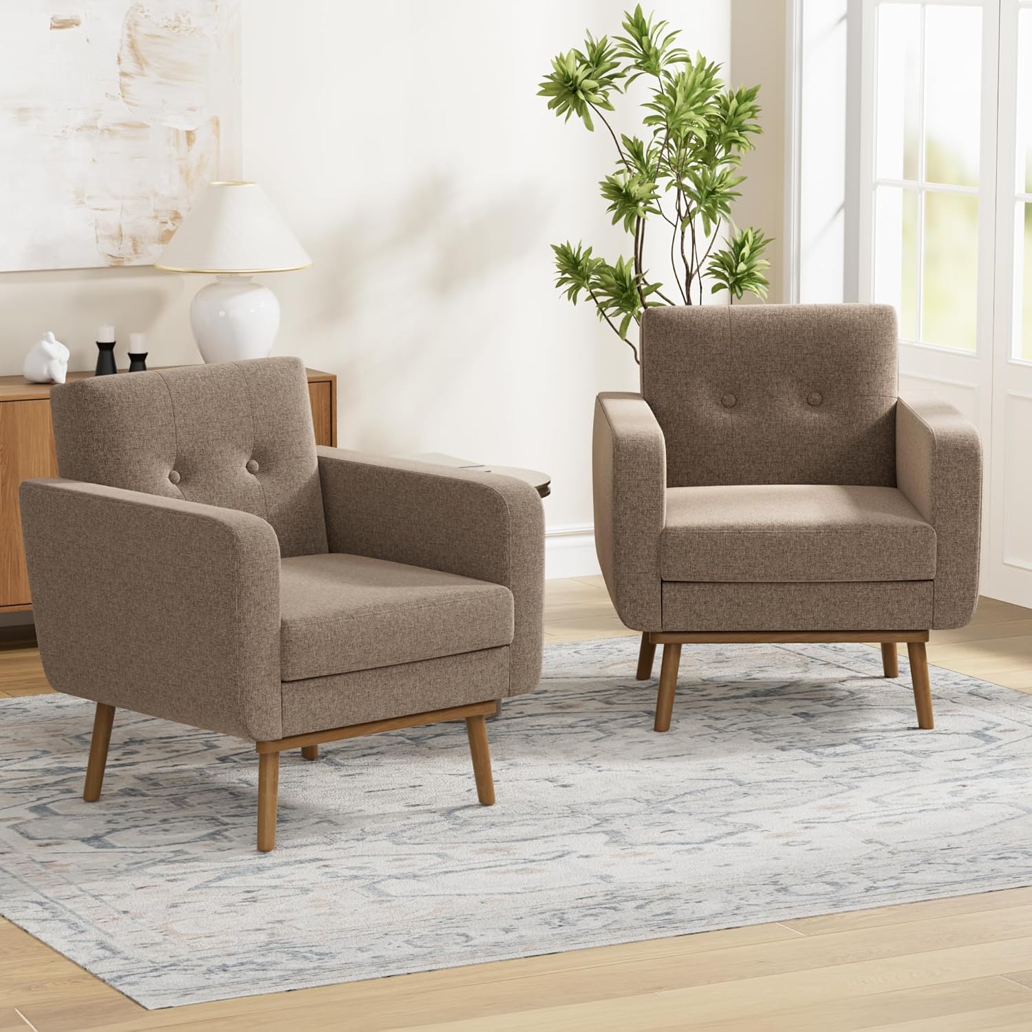HUIMO Fabric Accent Chairs Set of 2, Button Tufted Living Room Chairs Easy to Install, Mid Century Modern Chair, Upholstered Arm Chair for Living Room Bedroom Study Office (Brown)
