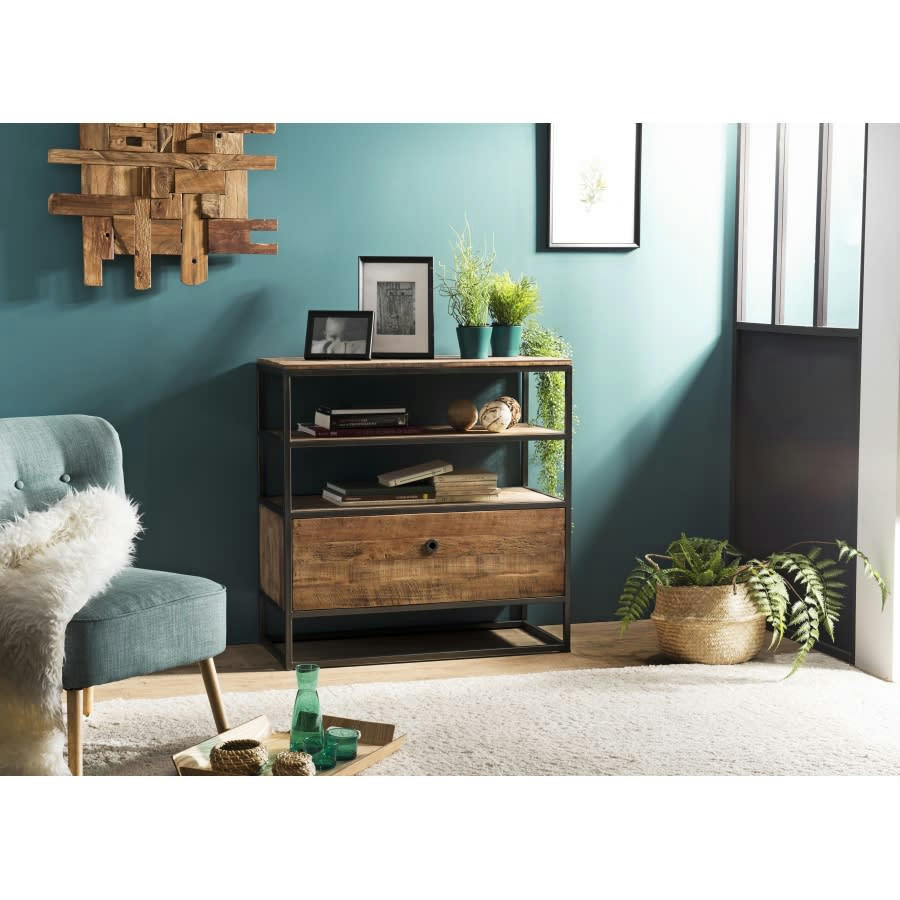 ALIDA - Etagère 1 tiroir en teck recyclé acacia mahogany métal noir