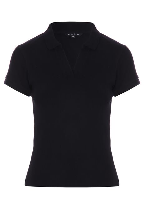 Womens Black Ribbed V-Neck Collar Top