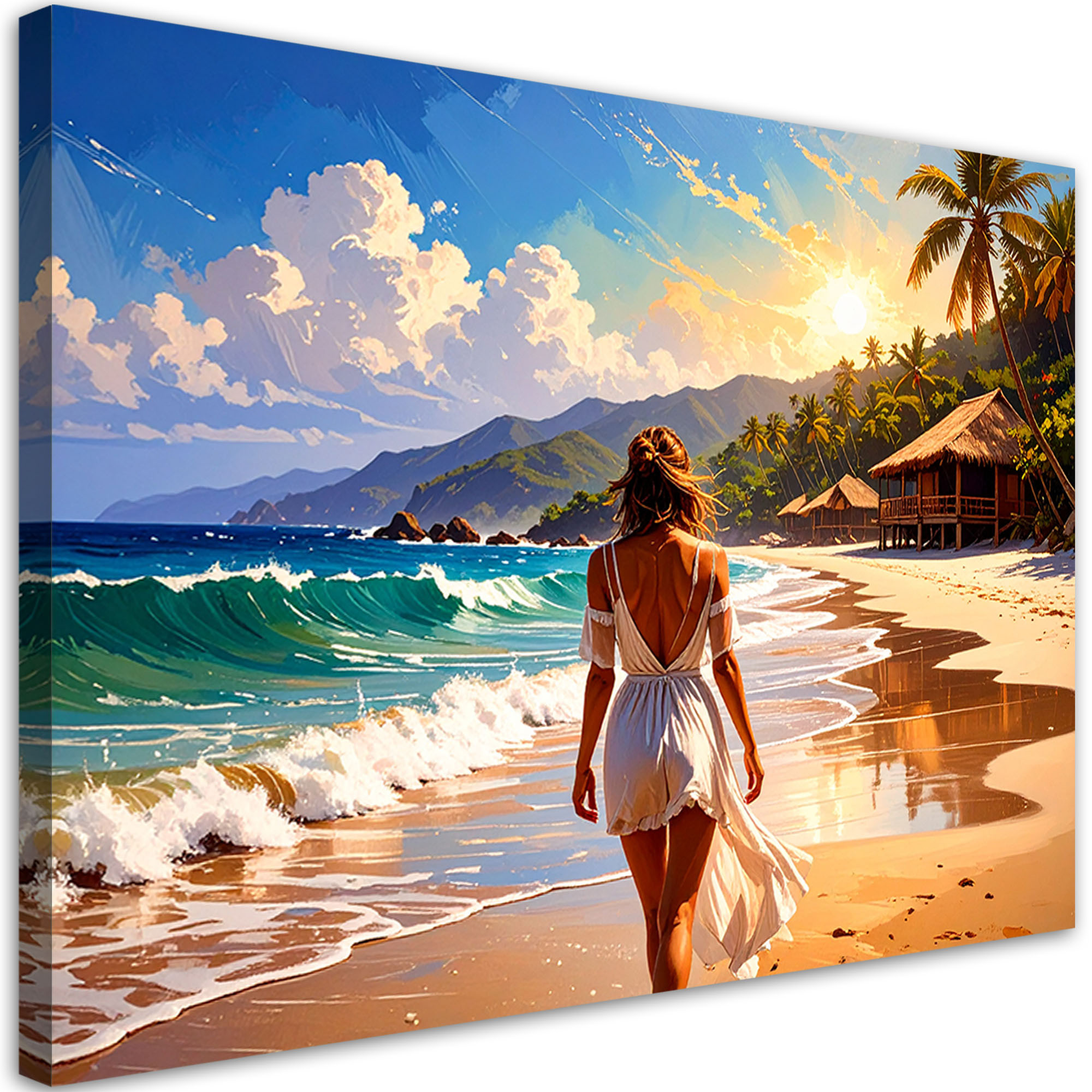 Obraz do salonu sypialni, Kobieta Plaża Morze Palmy 30x20