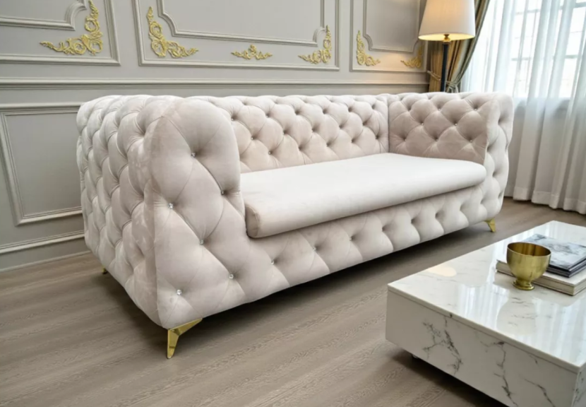 Sofa Moet – elegancka sofa tapicerowana w stylu glamour, pikowana, welurowa