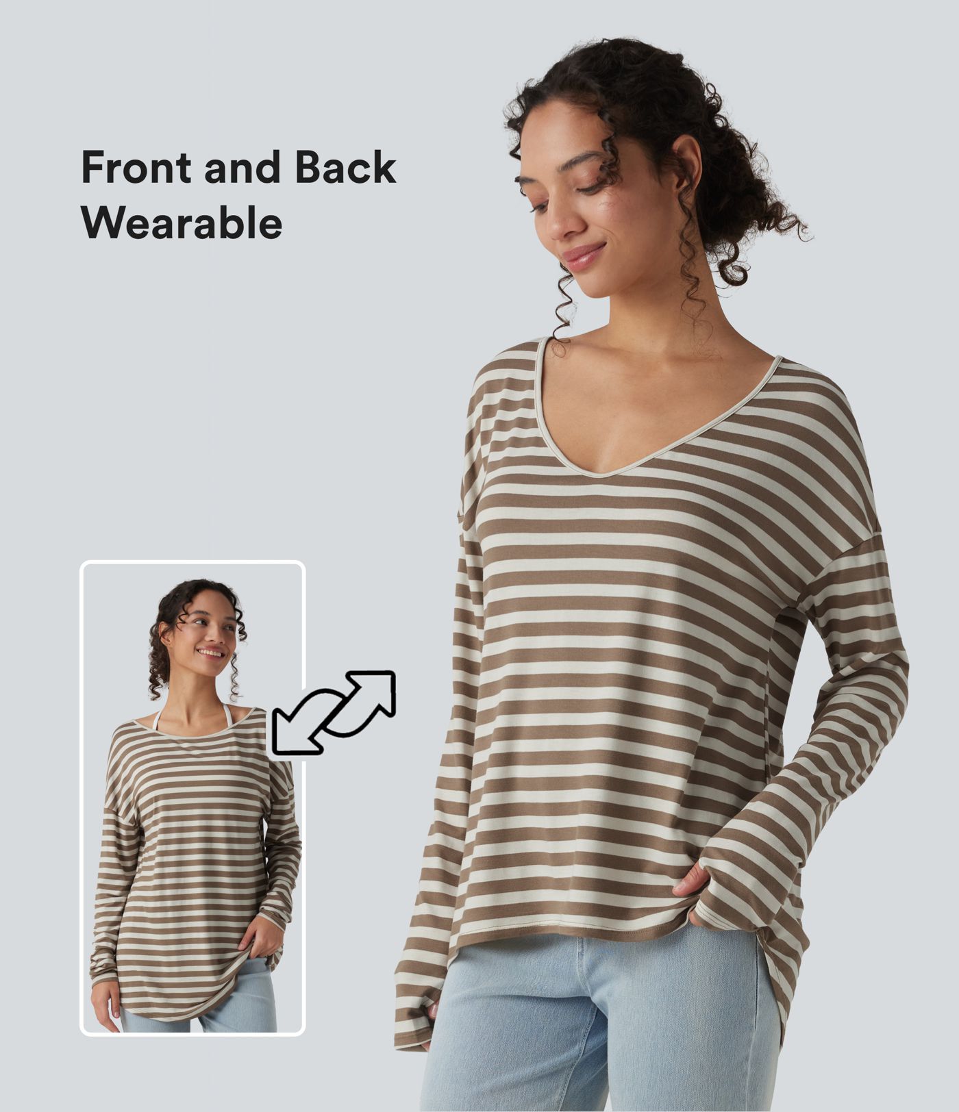 T-shirt ample décolleté plongeant manches longues à rayures et trous pour les pouces - Réversible devant et dos